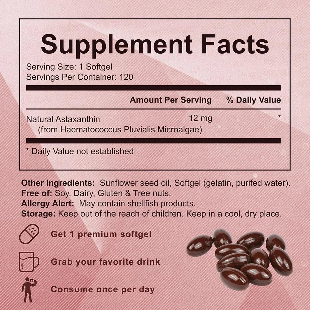 Astaxanthin 12mg, Premium Astaxanthin Antioxidant Supplements with Antioxidant Activity, Supports Eye, Immune, Skin Health Healthy supplements