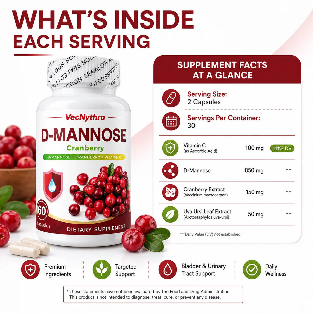 VecNythra Cranberry D-Mannose Supplement with Vitamin C Uva Ursi Leaf Extract for Women 60 Capsules 30 Day Supply Healthy supplements