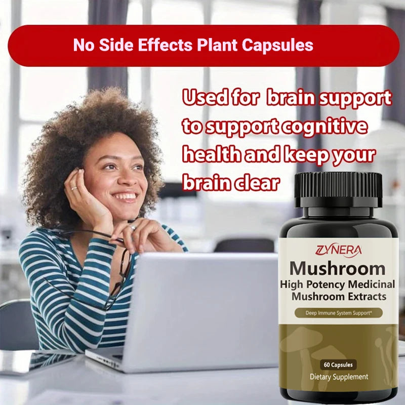 Mushroom Complex Capsules Supplement Support Immunity and Focus Health Boost Memory Protect Brain Nerves for men women stressful Healthy supplements