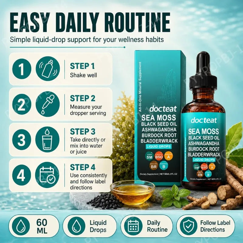Docteat Sea Moss Liquid Drops 60ML Intestinal Health Digestion Skin Moisture Immune Support Nutritional Supplement Healthy supplements