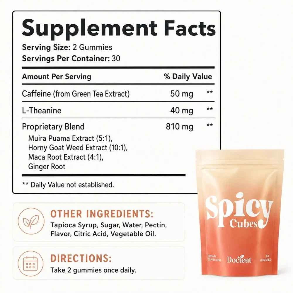 Docteat Spicy Cubes Gummies 60 Count Green Tea Caffeine L-Theanine Maca Ginger Herbal Blend Daily Vitality Wellness Supplement