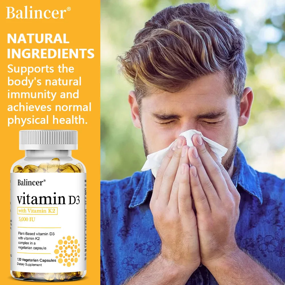 Vitamin D3 5000IU+ K2 (MK7) 1100mcg Capsules - Bone Teeth Joint Heart Circulation & Immunity System Health Support, Vegan Healthy supplements
