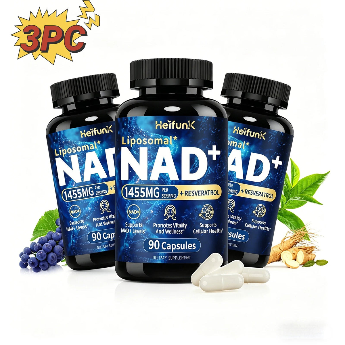 NAD+ Anti Aging Cell Booster Resveratrol Supplement Capsules with Niacinamide Support Cellular Health for Men & Women, Non-GMO Healthy supplements