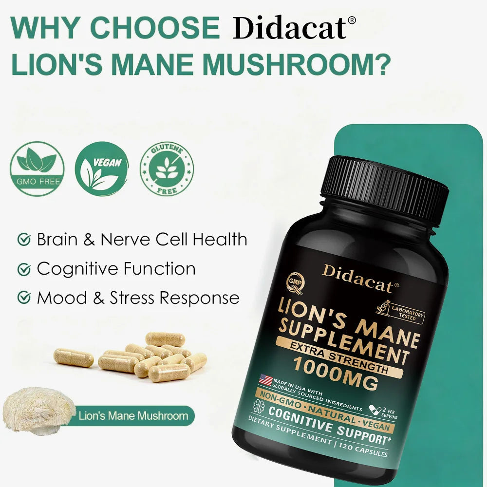 Lion's Mane Mushroom Capsules, Brain Wellness Supplement, Support Memory, Focus, Nerve Health, Mood, Energy & Immune Balance Healthy supplements