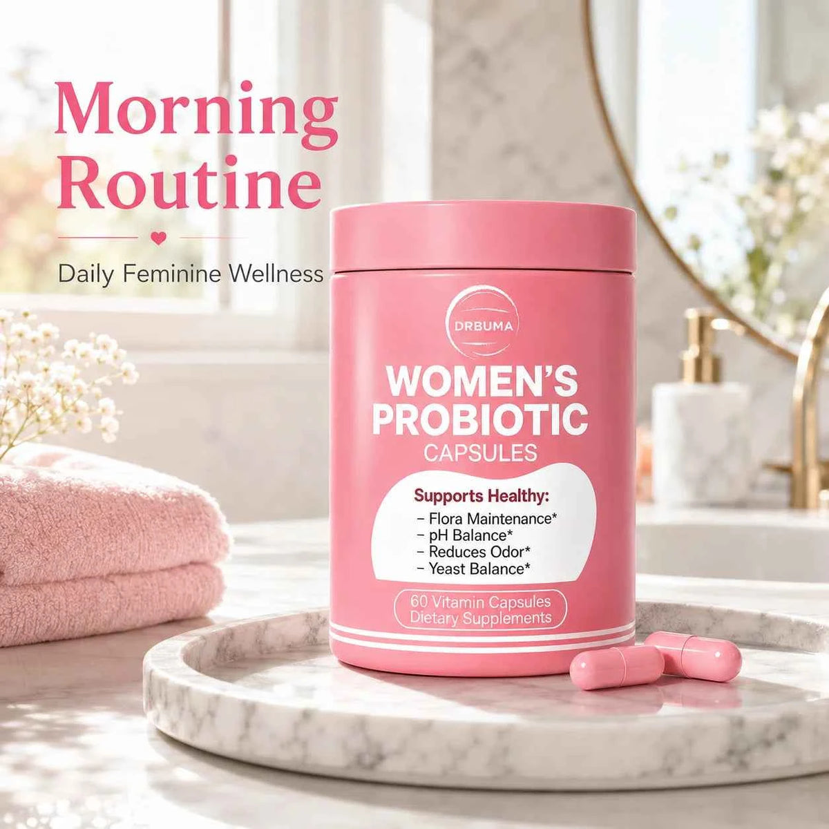 60-Capsule Probiotic Supplement for Women, Ideal Daily Dietary Nutritional Supplement, Portable Pink Bottle, Daily Care Partner for Females, Easy to Carry for Home, Office and Travel Use, Nutritional Supplement for Women’s Vibrant Lifestyle