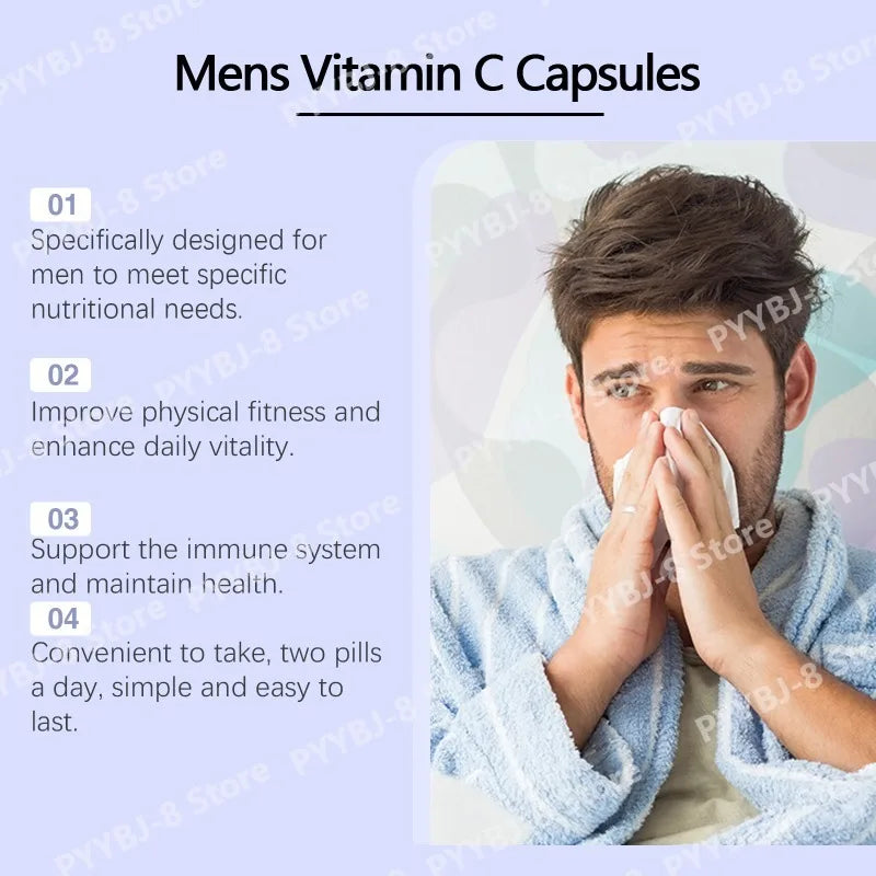 Men's VitaminC Capsule 120Count Dietary Supplement with Sodium Support Skin Hair Health Enhanced Immunity & Nutrient Absorption Healthy supplements