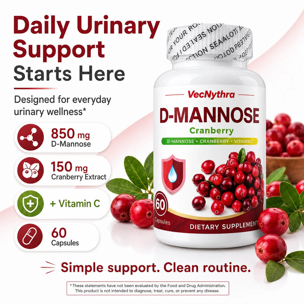 VecNythra Cranberry D-Mannose Supplement with Vitamin C Uva Ursi Leaf Extract for Women 60 Capsules 30 Day Supply Healthy supplements