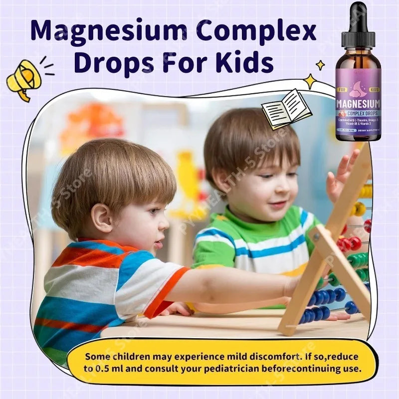 Kids Liquid Drops, Magnesium Glycinate with L-theanine Omega-3 Vitamin B6 D3 for Supports Bone Health and Relaxation 60 Ml Healthy supplements