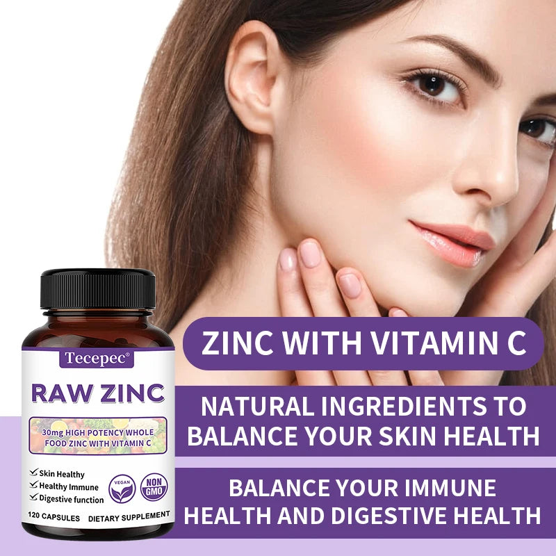 Zinc Vitamins - Raw Zinc Whole Food Supplement with Vitamin C, Vegetarian, for Skin Health, Immune & Digestive Function Healthy supplements