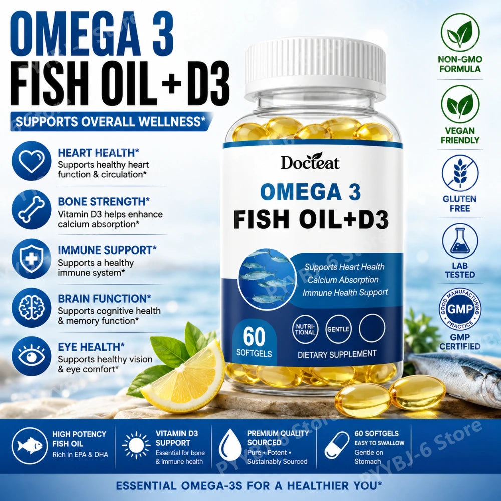 Omega-3 Fish Oil Supports Cardiovascular Wellness Calcium Absorption Immune Health 60 Softgels Nutritional Dietary Supplement Healthy supplements