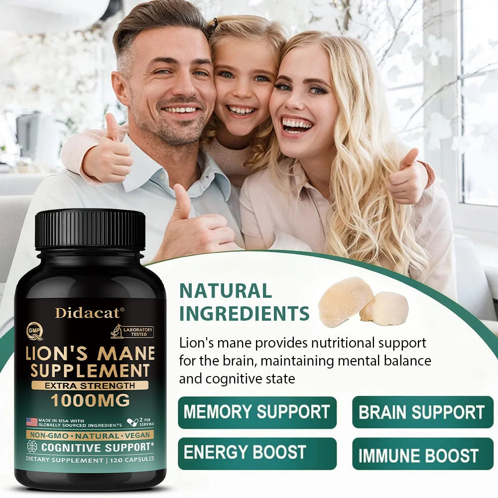 Lion's Mane Mushroom Capsules, Brain Wellness Supplement, Support Memory, Focus, Nerve Health, Mood, Energy & Immune Balance Healthy supplements