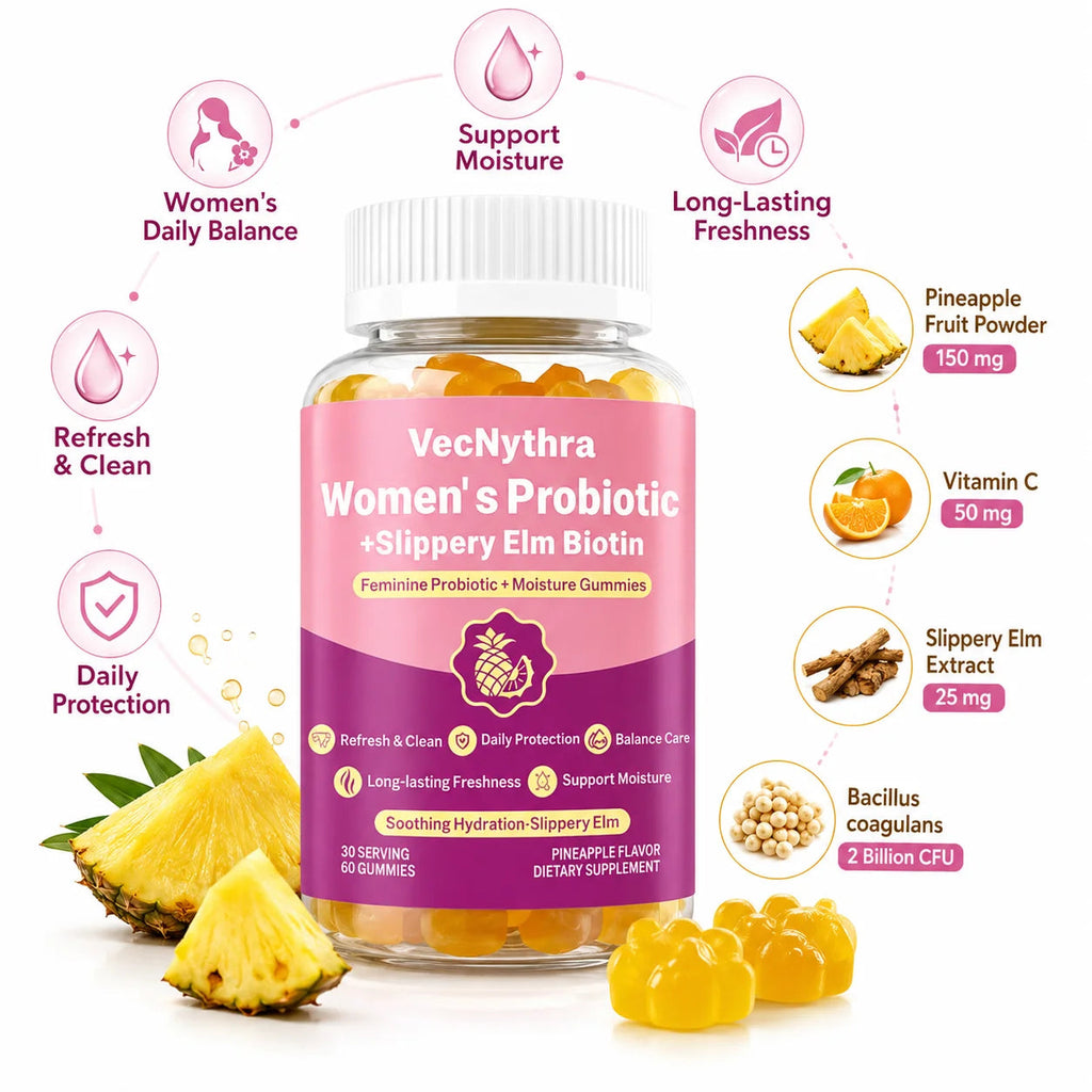 VecNythra Women's Daily Balance Probiotic Gummies with Vitamin C Slippery Elm Biotin 2 Billion CFU 60 Gummies Healthy supplements