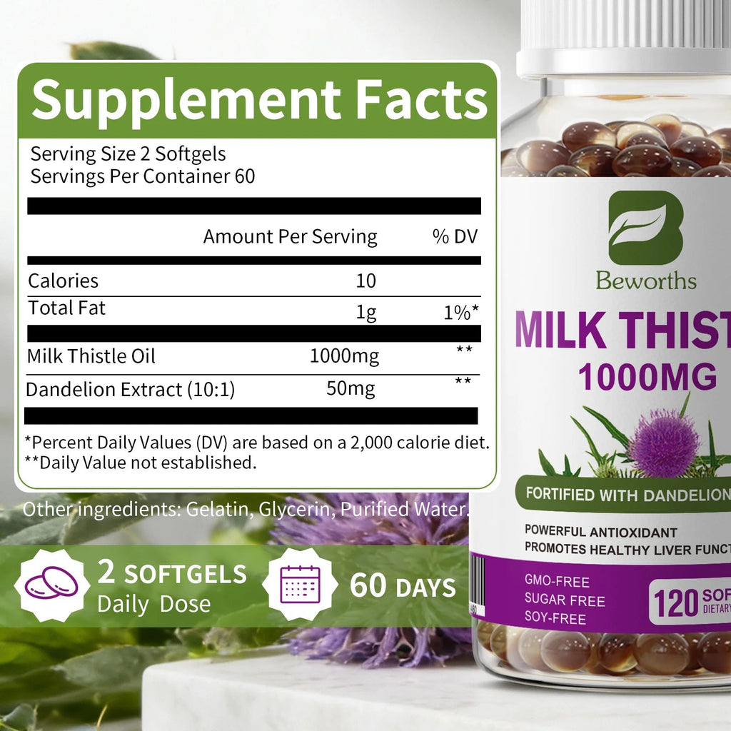 BEWORTHS Milk Thistle Extract Capsule for Liver Health Detox Liver Function Health Skin Care Gut Wellness Gluten Free Vegan Healthy supplements