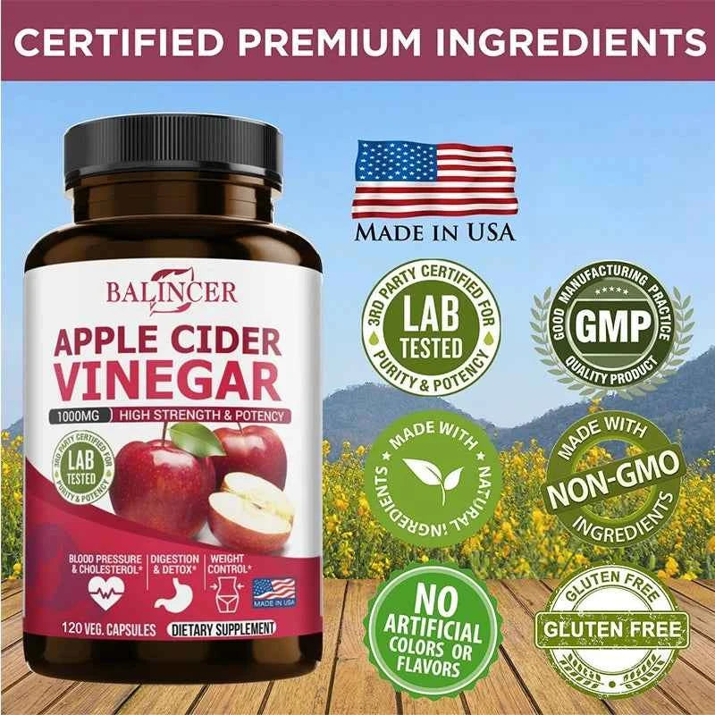 Premium Apple Cider Vinegar Capsules for Weight Management and Detox – 120 Non-GMO Capsules
