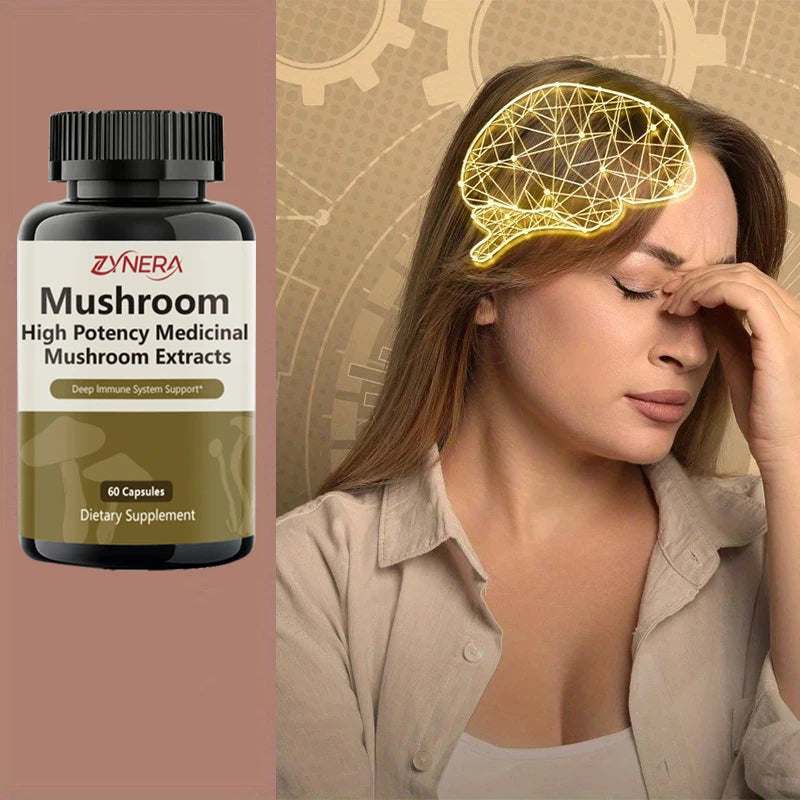 Mushroom Complex Capsules Supplement Support Immunity and Focus Health Boost Memory Protect Brain Nerves for men women stressful Healthy supplements