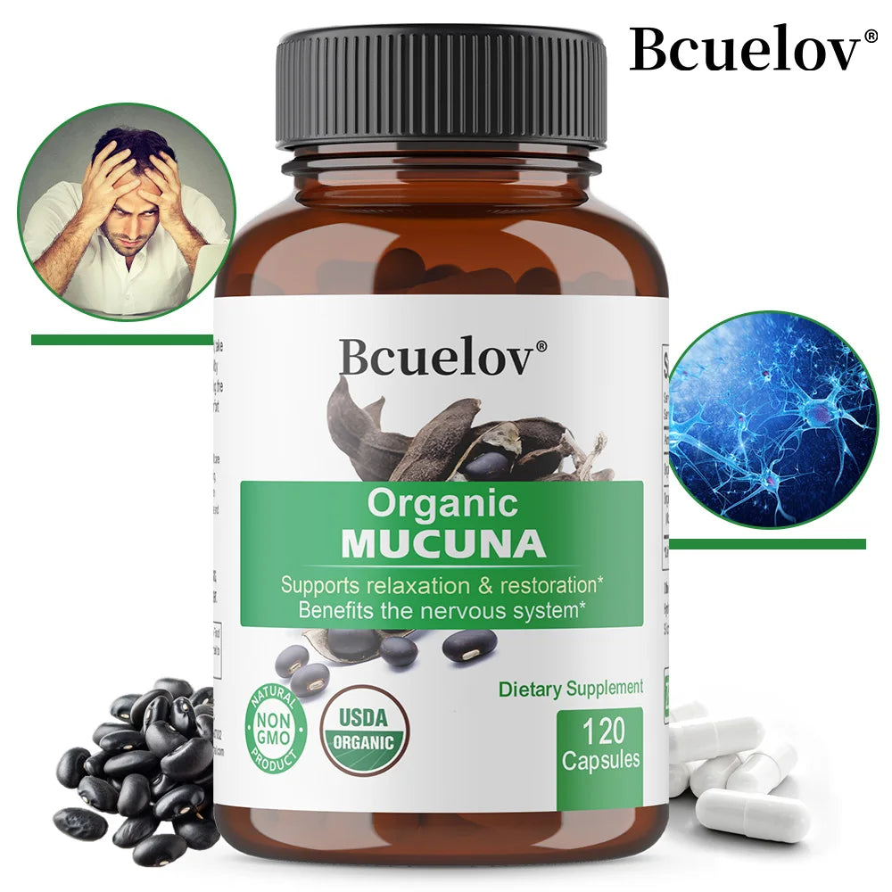 Organic Mucuna Capsules - Supports Relaxation and Well-Being - Natural Herbal Supplement for Nervous System Health Healthy supplements