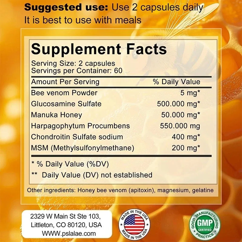 Natural Bee Venom Extract Capsules - Glucosamine Chondroitin Supplement Relieves Joint Pain and Stiffness, Promotes Bone Health Healthy supplements