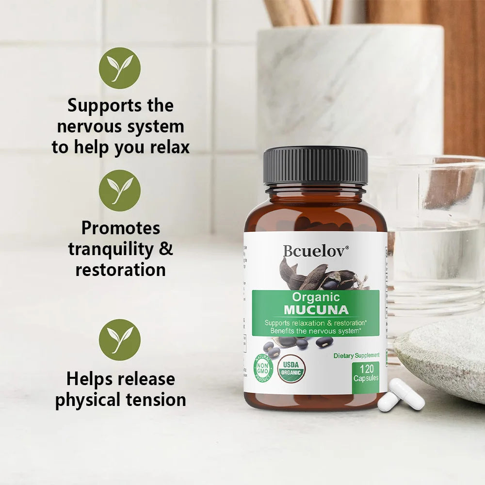 Organic Mucuna Capsules - Supports Relaxation and Well-Being - Natural Herbal Supplement for Nervous System Health Healthy supplements
