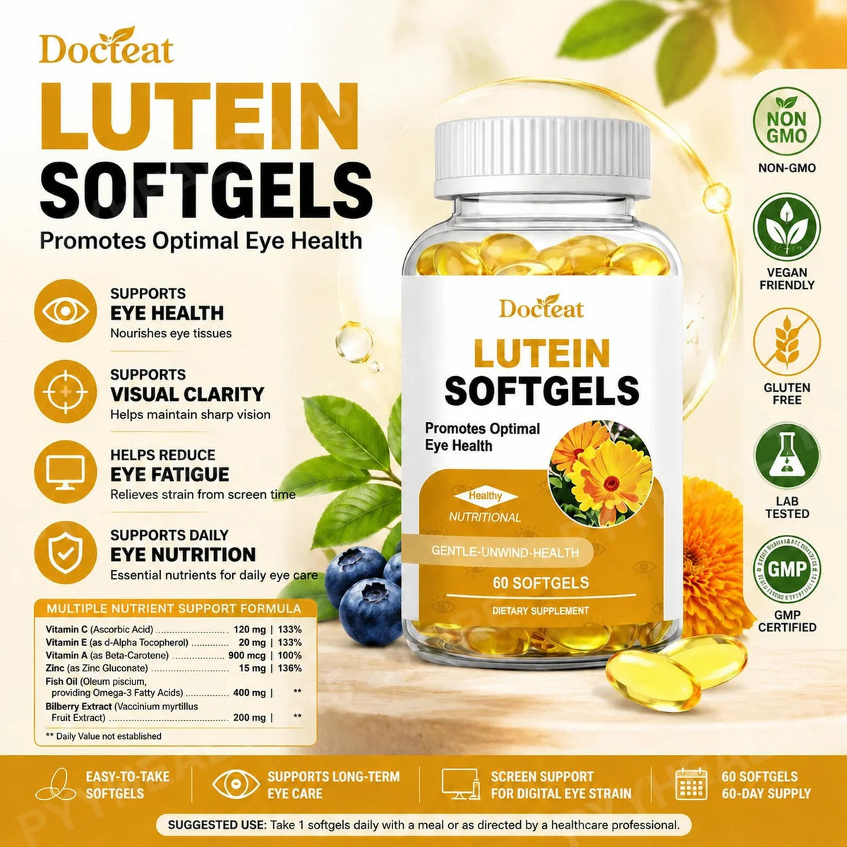 Docteat Lutein Zeaxanthin Softgels with Bilberry Fish Oil Astaxanthin,Eye Health Daily Wellness Supplement for Adults60 Softgels Healthy supplements