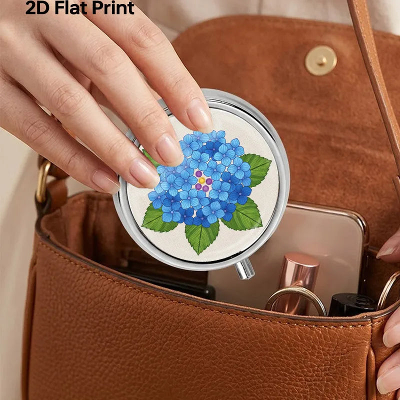 Portable Mini Metal Pill Box Blue Hydrangea Floral 3 Compartment Medicine Case Travel Pill Organizer Small Pocket Vitamin Storage Holder for Purse Floral Pattern Medicine Dispensing Container Compact Durable Health Care Gift for Women Mom Healthy supplements