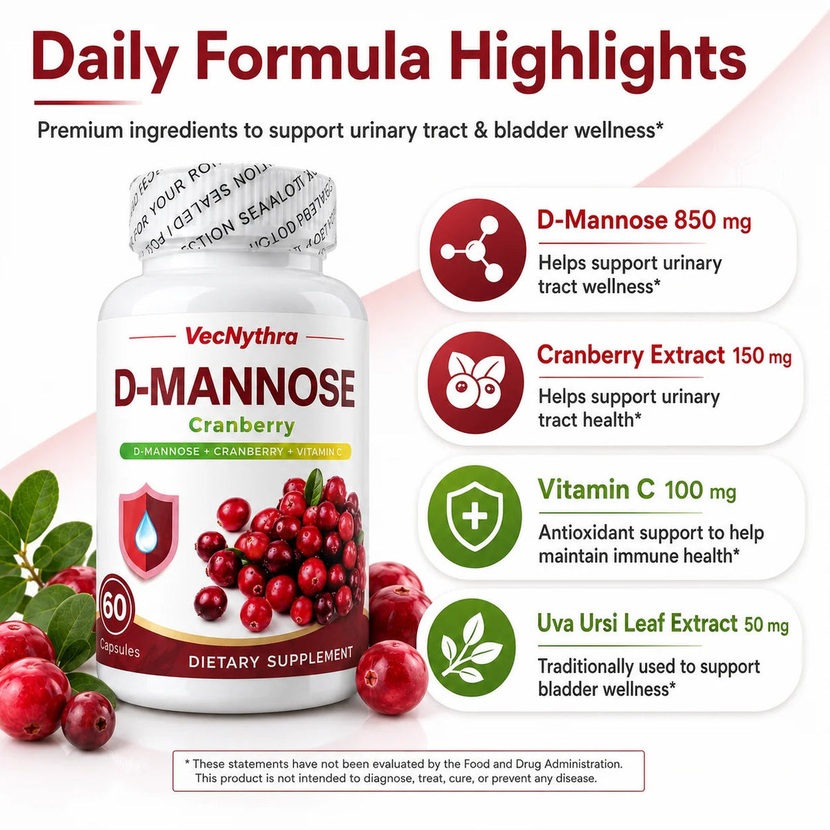 VecNythra Cranberry D-Mannose Supplement with Vitamin C Uva Ursi Leaf Extract for Women 60 Capsules 30 Day Supply Healthy supplements