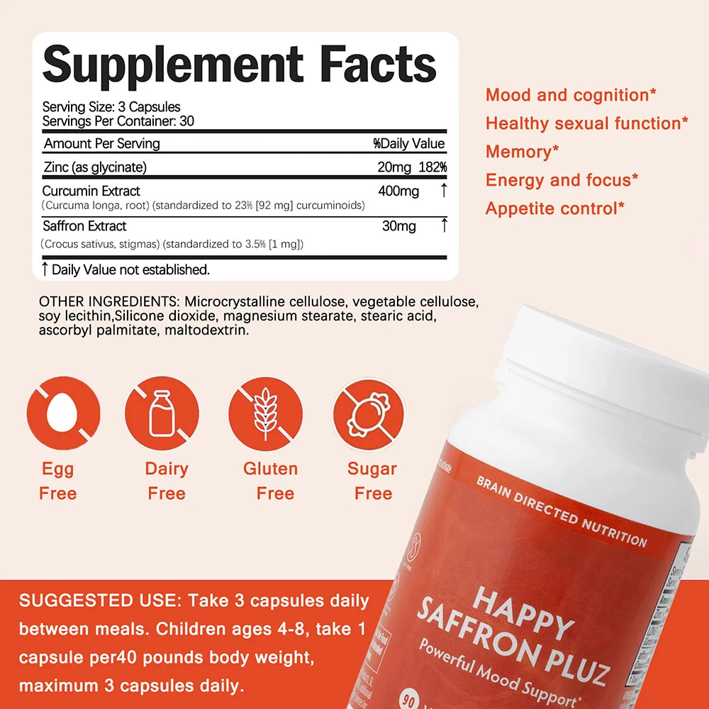Happy Saffron Supplements Saffron Extract for Mood & Memory, Eye Health - Joint Supplement for Women & Men - 90 Vegan Capsules Healthy supplements