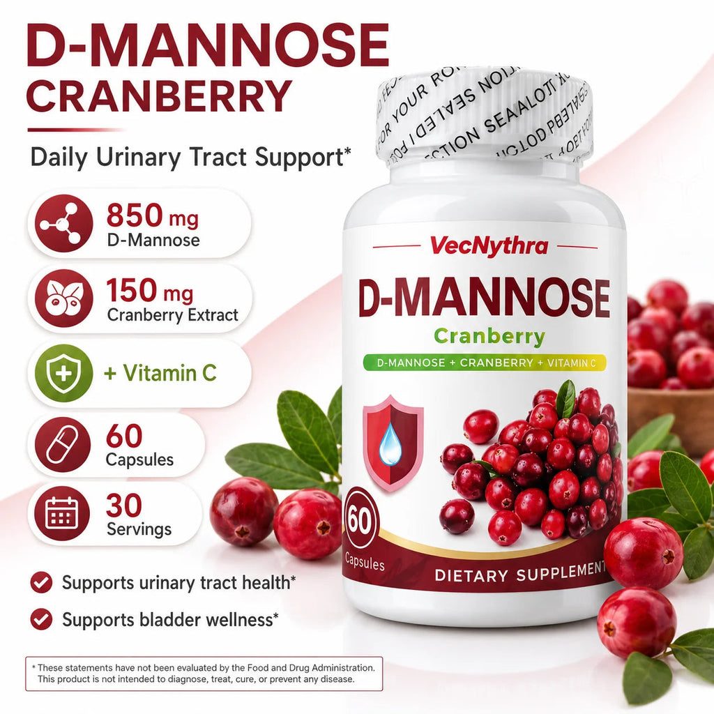 VecNythra Cranberry D-Mannose Supplement with Vitamin C Uva Ursi Leaf Extract for Women 60 Capsules 30 Day Supply Healthy supplements