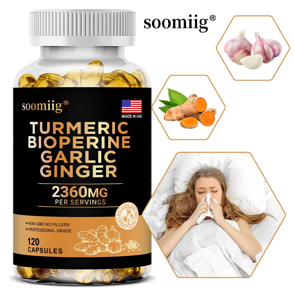 4-in-1 Turmeric and Garlic Supplements with Bioperine 2360 mg, Ginger Root Capsules for Joint, Digestion & Immune Health Support Healthy supplements