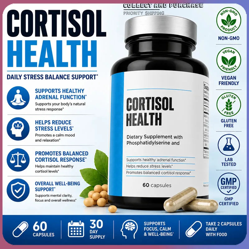 60 Capsules Cortisol Health Supplement with Phosphatidylserine & Magnesium Non-GMO Daily Adult Men Women Calm Sleep Support Healthy supplements