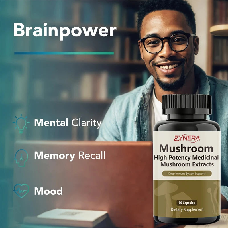 Mushroom Complex Capsules Supplement Support Immunity and Focus Health Boost Memory Protect Brain Nerves for men women stressful Healthy supplements