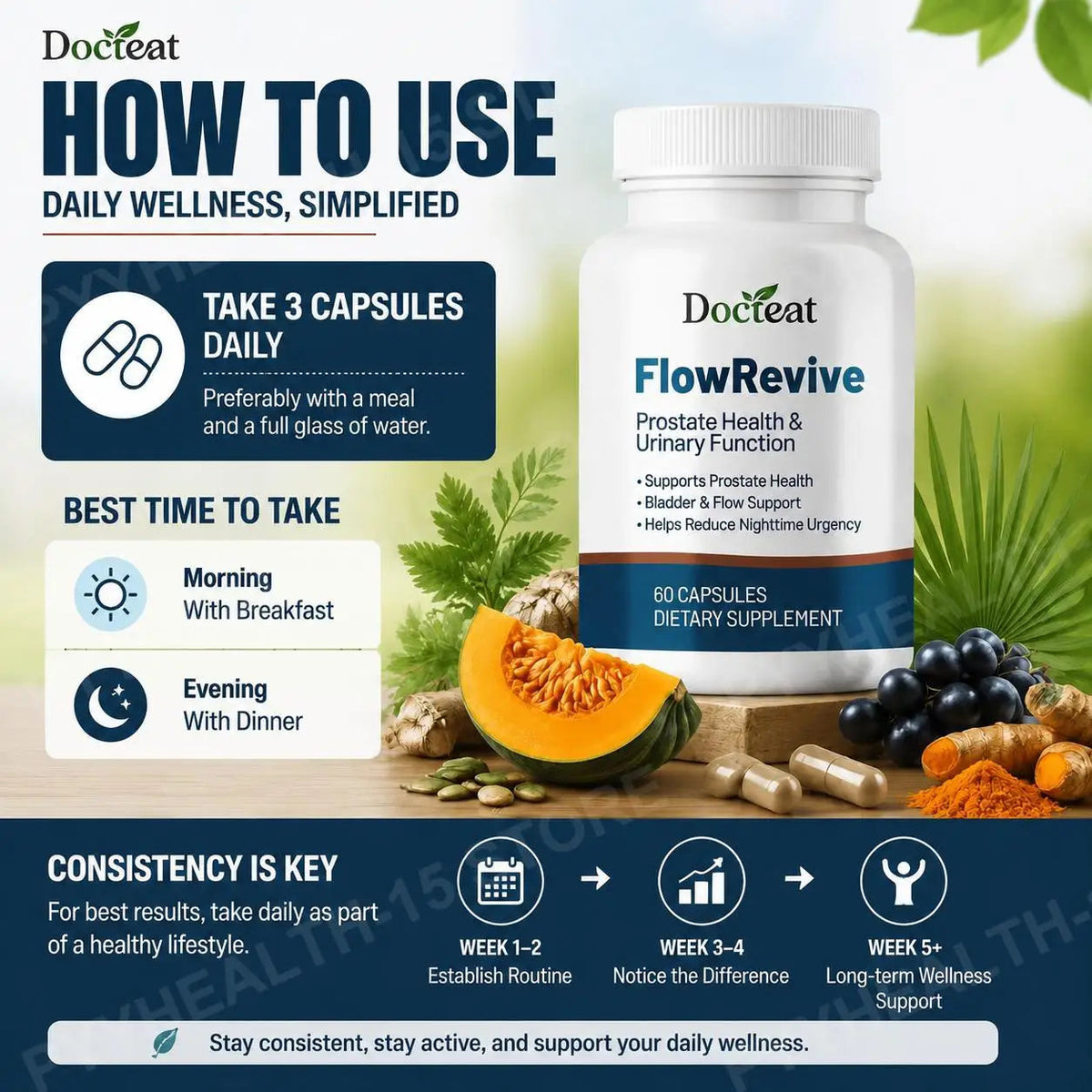 Docteat FlowRevive Men’s Saw Palmetto Prostate Health Supplement with Beta Sitosterol Pygeum Quercetin Curcumin 60 Capsules Healthy supplements