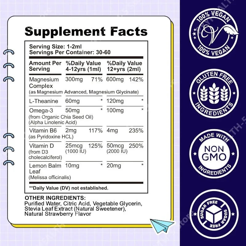 Kids Liquid Drops, Magnesium Glycinate with L-theanine Omega-3 Vitamin B6 D3 for Supports Bone Health and Relaxation 60 Ml Healthy supplements