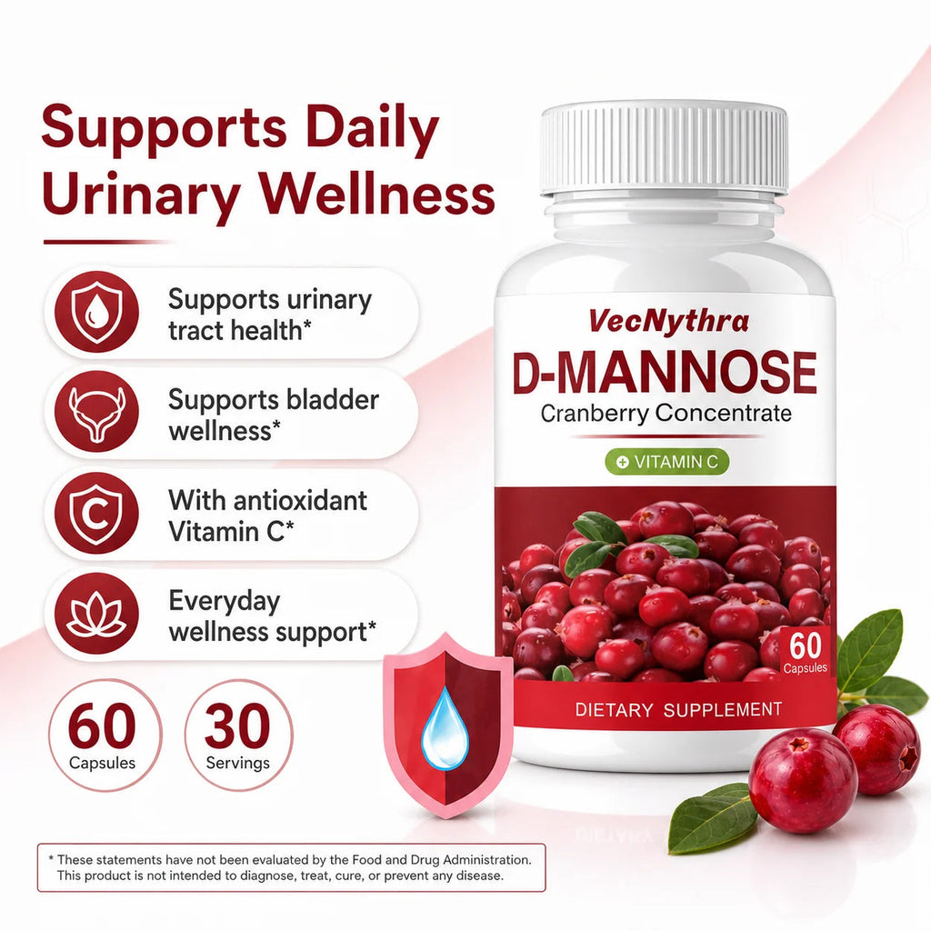 VecNythra Cranberry D-Mannose Supplement with Vitamin C Uva Ursi Leaf Extract for Women 60 Capsules 30 Day Supply Healthy supplements