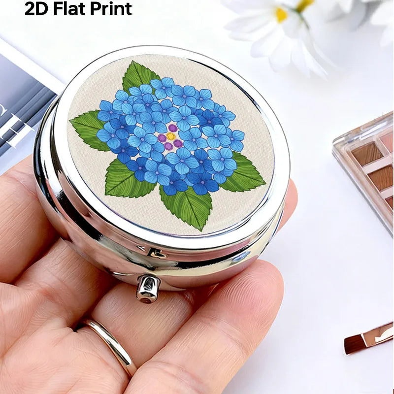 Portable Mini Metal Pill Box Blue Hydrangea Floral 3 Compartment Medicine Case Travel Pill Organizer Small Pocket Vitamin Storage Holder for Purse Floral Pattern Medicine Dispensing Container Compact Durable Health Care Gift for Women Mom Healthy supplements