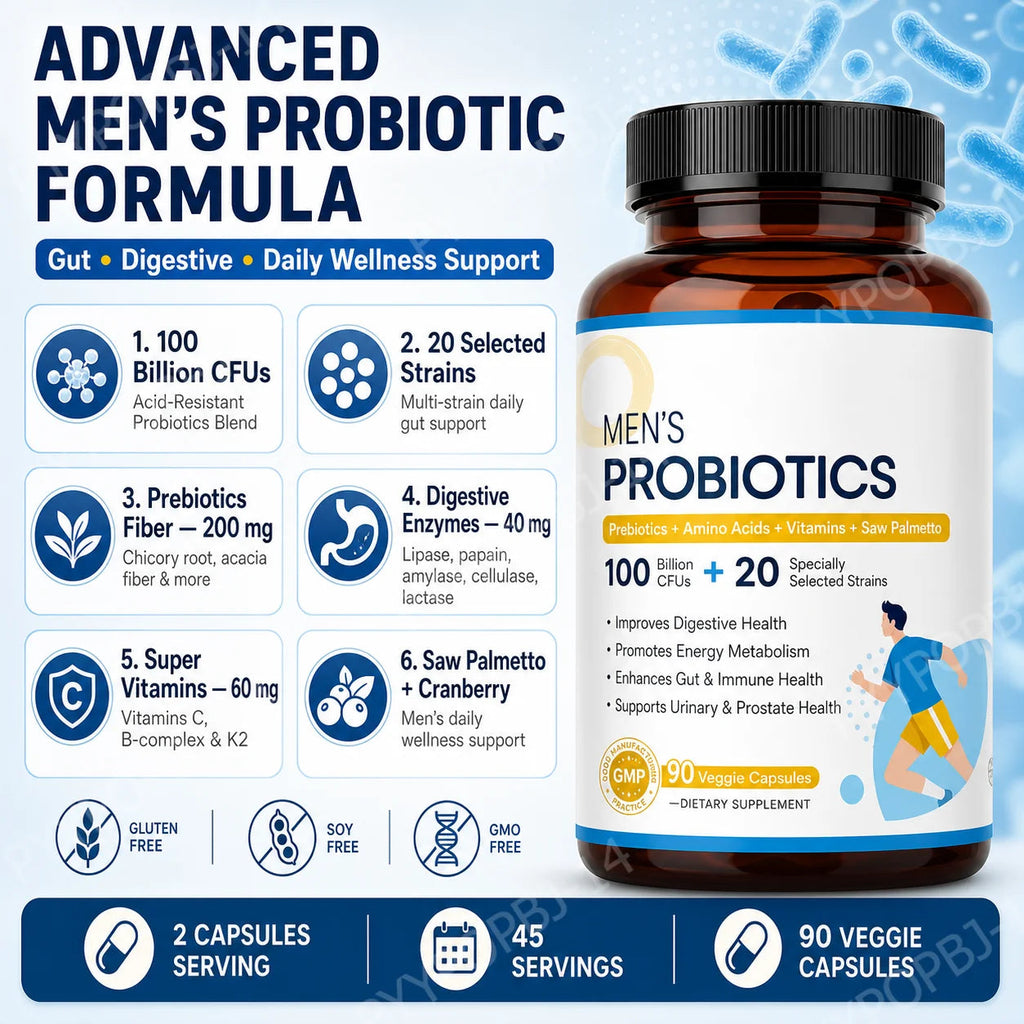 Men’s Probiotic Supplement 100 Billion CFU 20 Strains Prebiotics Digestive Enzymes Vitamins Gut Health Daily Wellness 90 Count Healthy supplements