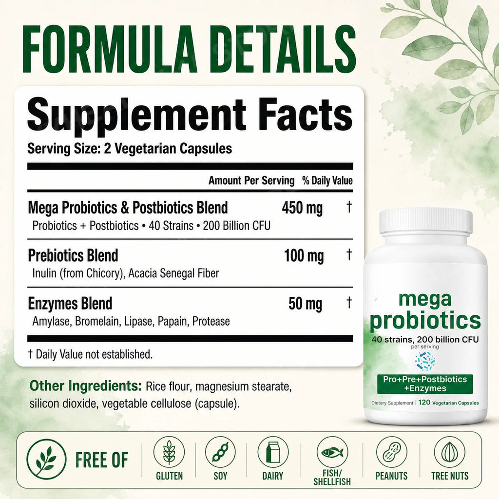 Probiotics Capsules 200 Billion CFU 40 Strains Prebiotics Digestive Enzymes Gut Health Supplement 120 Veg Capsules Men Women Healthy supplements
