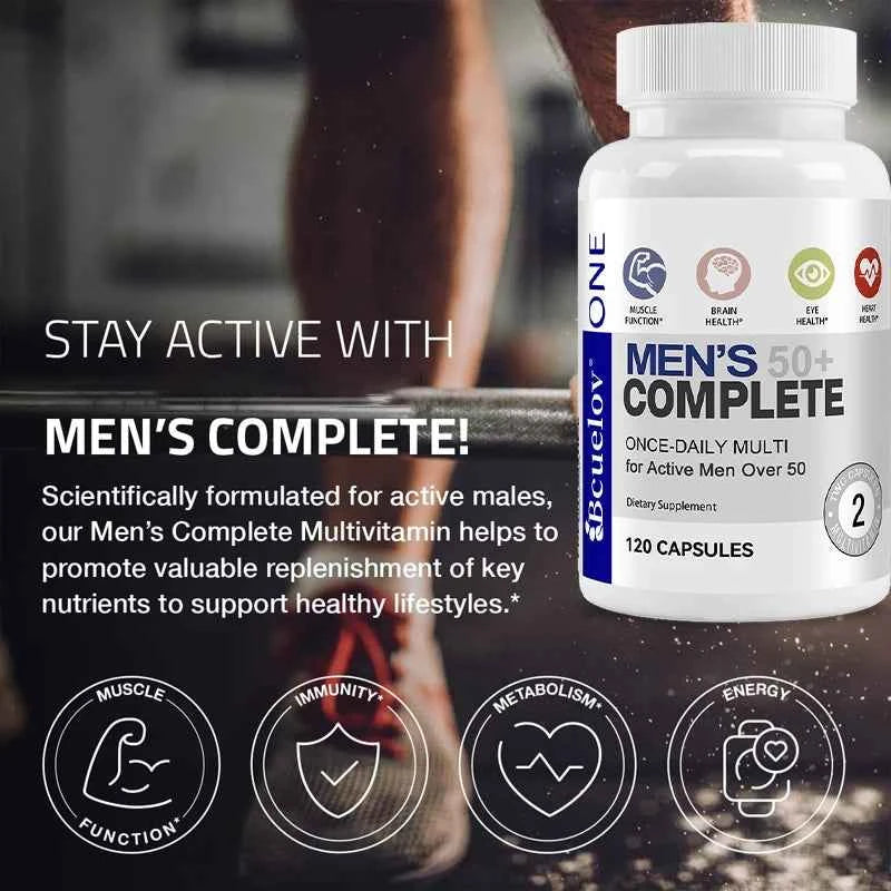 Men's 50+ Daily Super Multivitamin, High Potency Formula for Brain, Eye & Heart Health, Vitamins A C D E K B1 to B12 Gluten Free