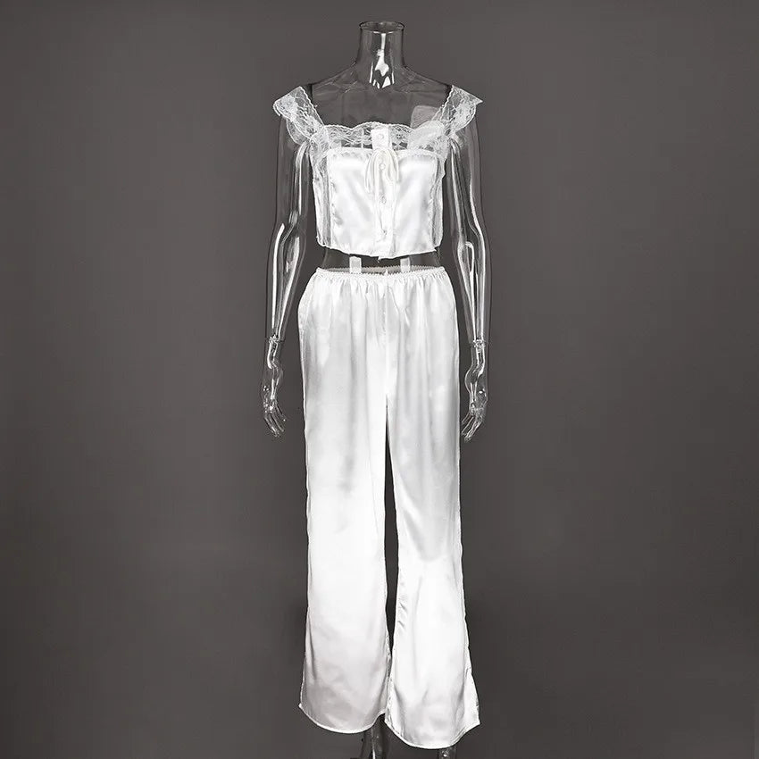 Summer Women Pajama Sleeveless Crop Top Sleepwear Set Wide Leg Pants Lace Trim Loungewear Set Breathable Lightweight Pajamas Healthy supplements