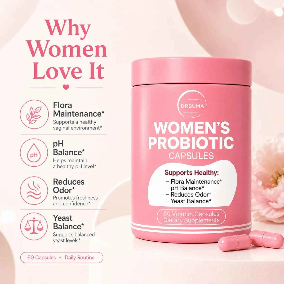 60-Capsule Probiotic Supplement for Women, Ideal Daily Dietary Nutritional Supplement, Portable Pink Bottle, Daily Care Partner for Females, Easy to Carry for Home, Office and Travel Use, Nutritional Supplement for Women’s Vibrant Lifestyle