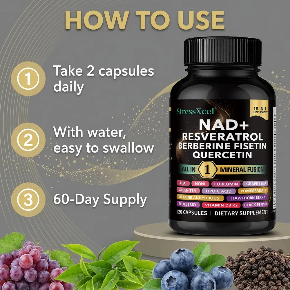 NAD+ Supplement with Resveratrol Quercetin Berberine, Boost NAD Levels, Anti-Aging, Cellular Energy & Heart Health, Antioxidant Healthy supplements