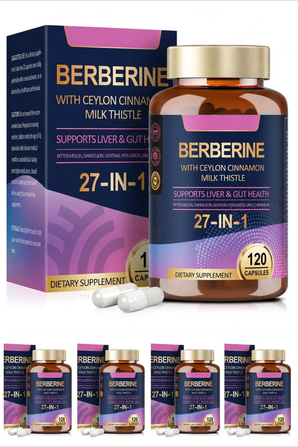 27 in 1 Berberine Supplement with Ceylon Cinnamon, Milk Thistle for Liver Gut Health Immunity Men & Women 120 Vegan Capsules Healthy supplements