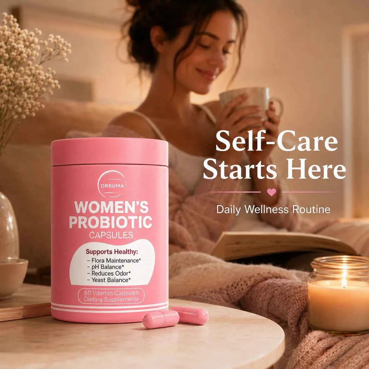 60-Capsule Probiotic Supplement for Women, Ideal Daily Dietary Nutritional Supplement, Portable Pink Bottle, Daily Care Partner for Females, Easy to Carry for Home, Office and Travel Use, Nutritional Supplement for Women’s Vibrant Lifestyle