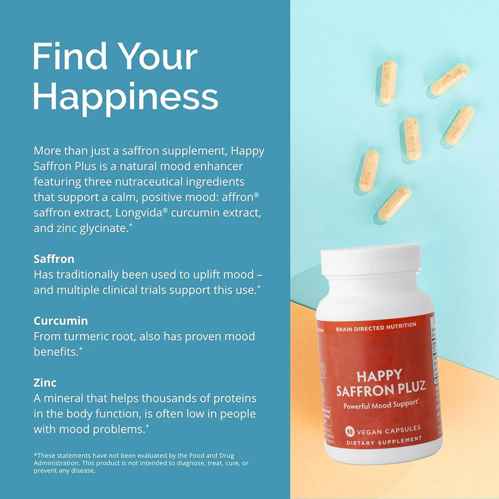 Happy Saffron Supplements Saffron Extract for Mood & Memory, Eye Health - Joint Supplement for Women & Men - 90 Vegan Capsules Healthy supplements