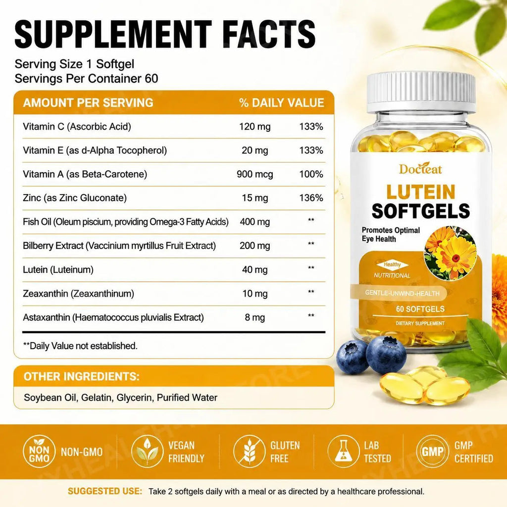 Docteat Lutein Zeaxanthin Softgels with Bilberry Fish Oil Astaxanthin,Eye Health Daily Wellness Supplement for Adults60 Softgels Healthy supplements