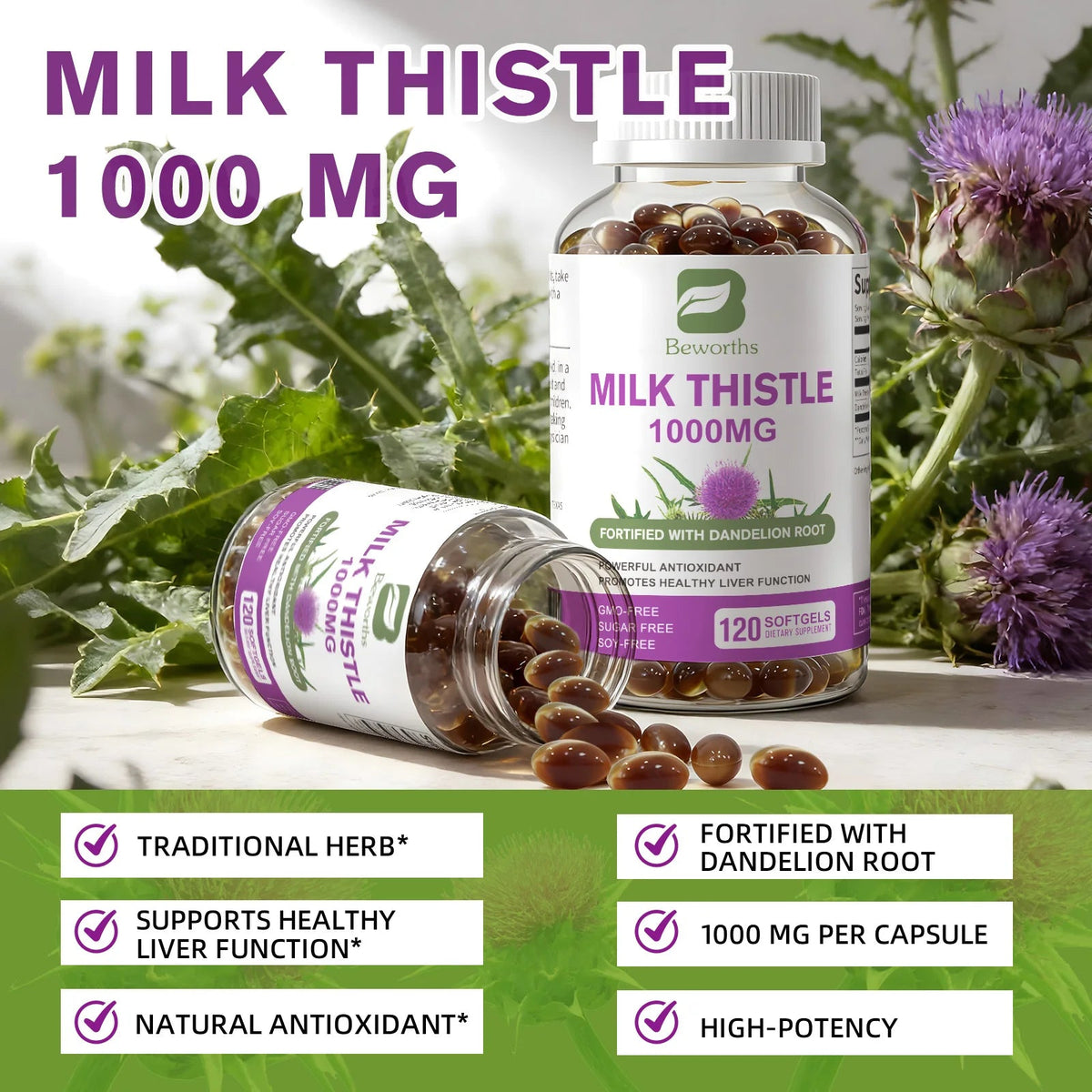 BEWORTHS Milk Thistle Extract Capsule for Liver Health Detox Liver Function Health Skin Care Gut Wellness Gluten Free Vegan Healthy supplements