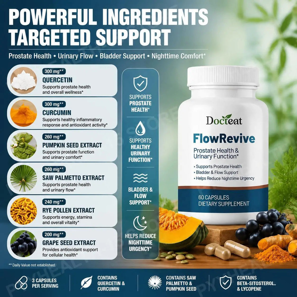 Docteat FlowRevive Men’s Saw Palmetto Prostate Health Supplement with Beta Sitosterol Pygeum Quercetin Curcumin 60 Capsules Healthy supplements
