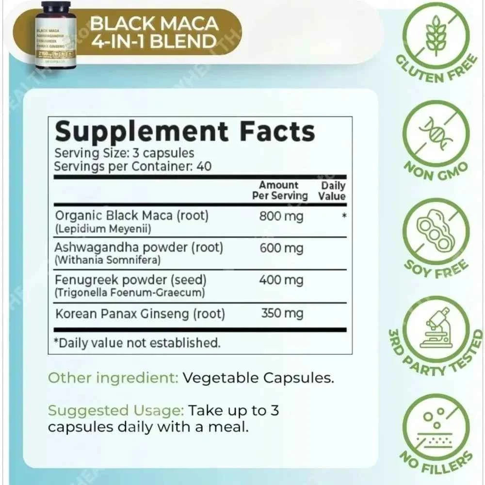 4-in-1 Organic Black Maca Root Ashwagandha Fenugreek Panax Ginseng Capsules 120 Count Male & Female Energy Support Supplement