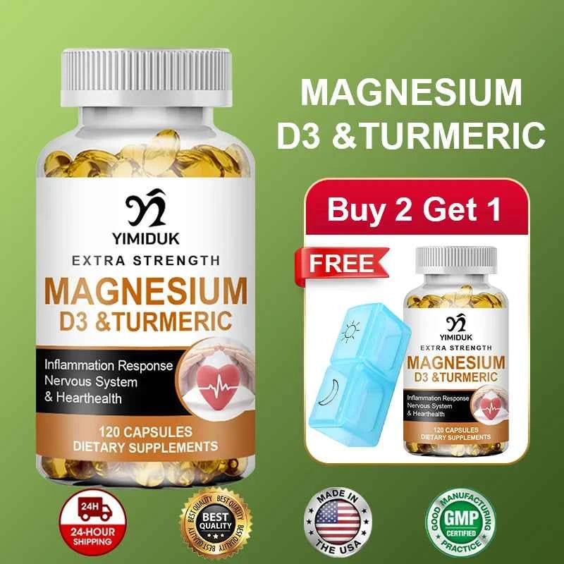 Magnesium Supplement, with Vitamin D3 & Turmeric, Supports Heart Health, Nervous System & Circulatory Function for Men Women