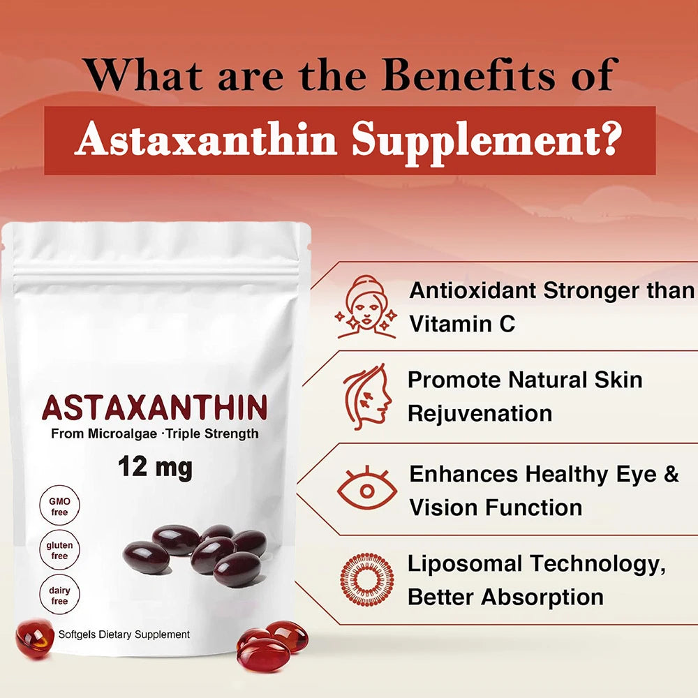 Astaxanthin 12mg, Premium Astaxanthin Antioxidant Supplements with Antioxidant Activity, Supports Eye, Immune, Skin Health Healthy supplements