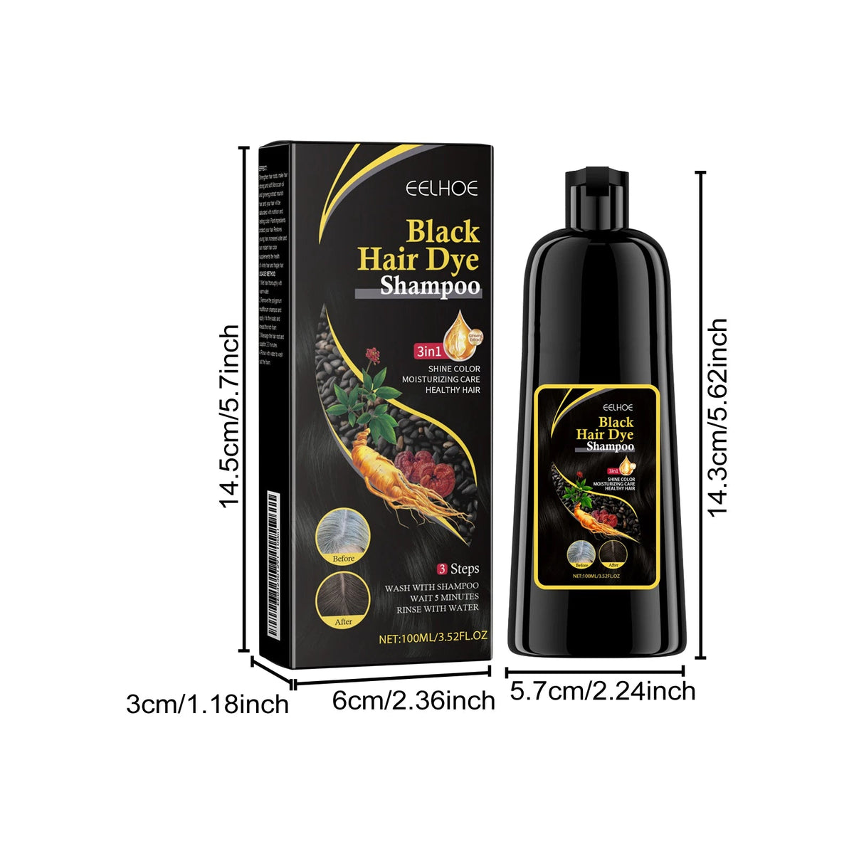 Black Hair Colouring Shampoo 3 in 1 Natural Herbal Essence Instant Colouring Shiny Hair Dye Shampoo Cleaning Nourishing Hair for Covering White Healthy supplements